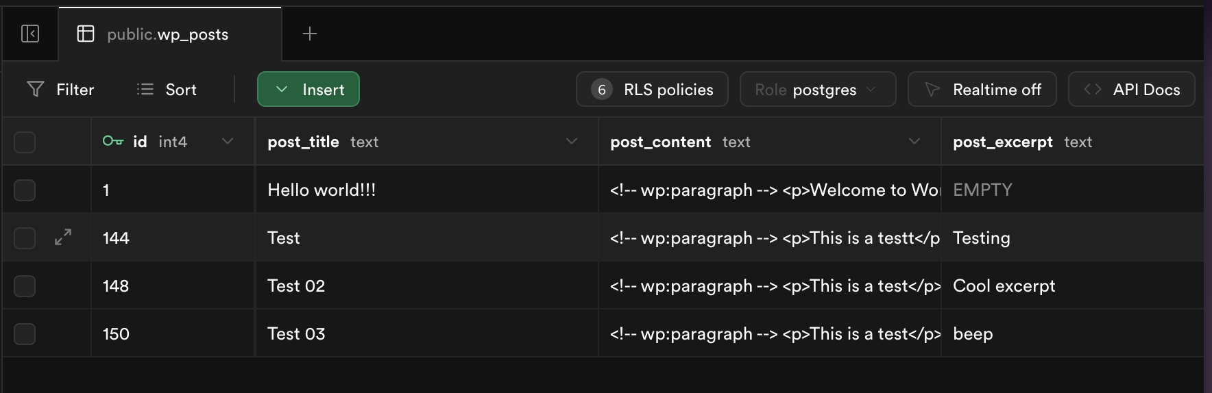 wp_posts table in supabase